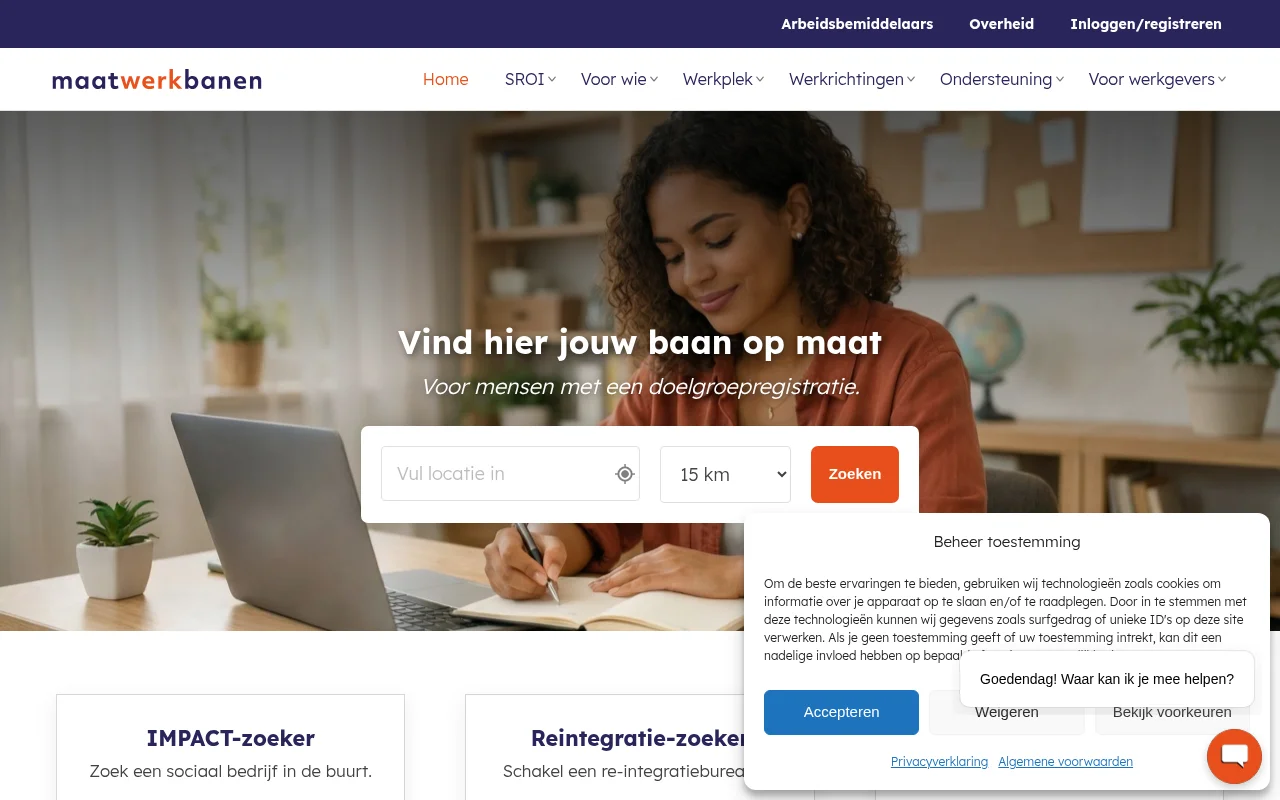 Maatwerkbanen job board platform screenshot showing job search interface