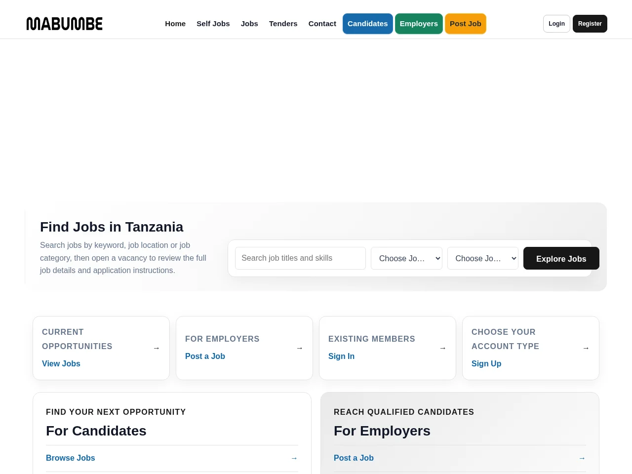 Mabumbe.TZ screenshot Mabumbe.TZ job board platform screenshot showing job search interface