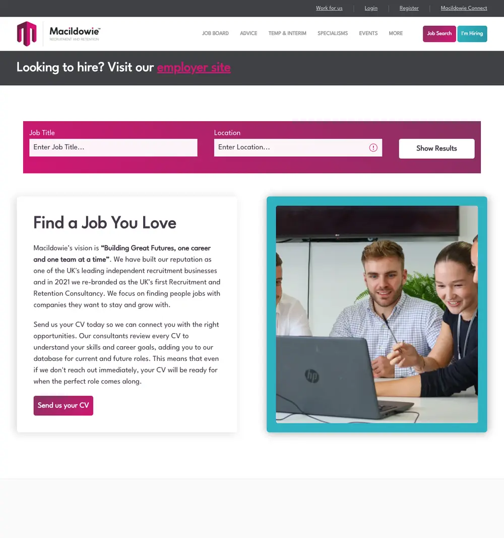 Macildowie Recruitment and Retention job board platform screenshot showing job search interface