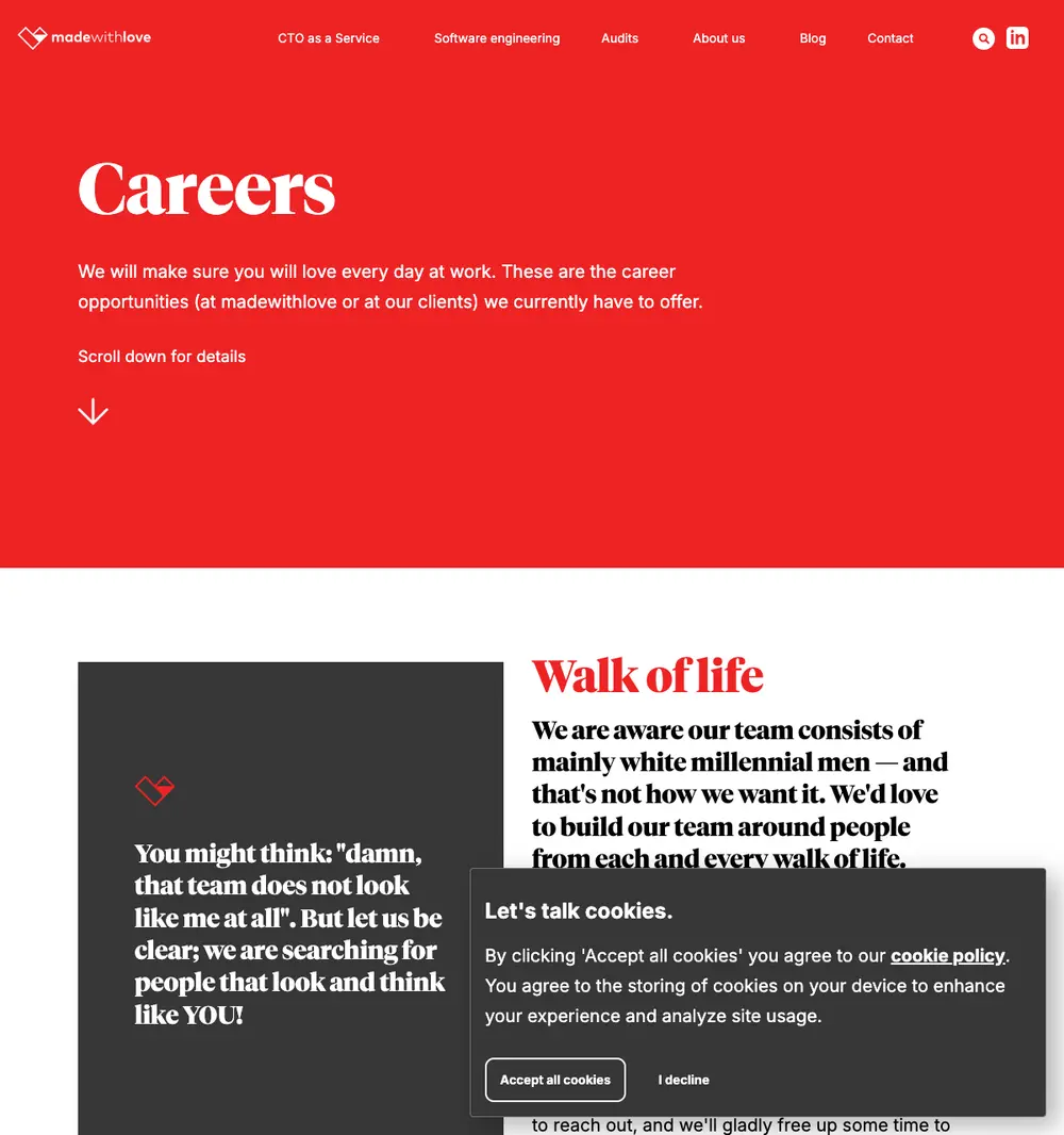 madewithlove job board platform screenshot showing job search interface