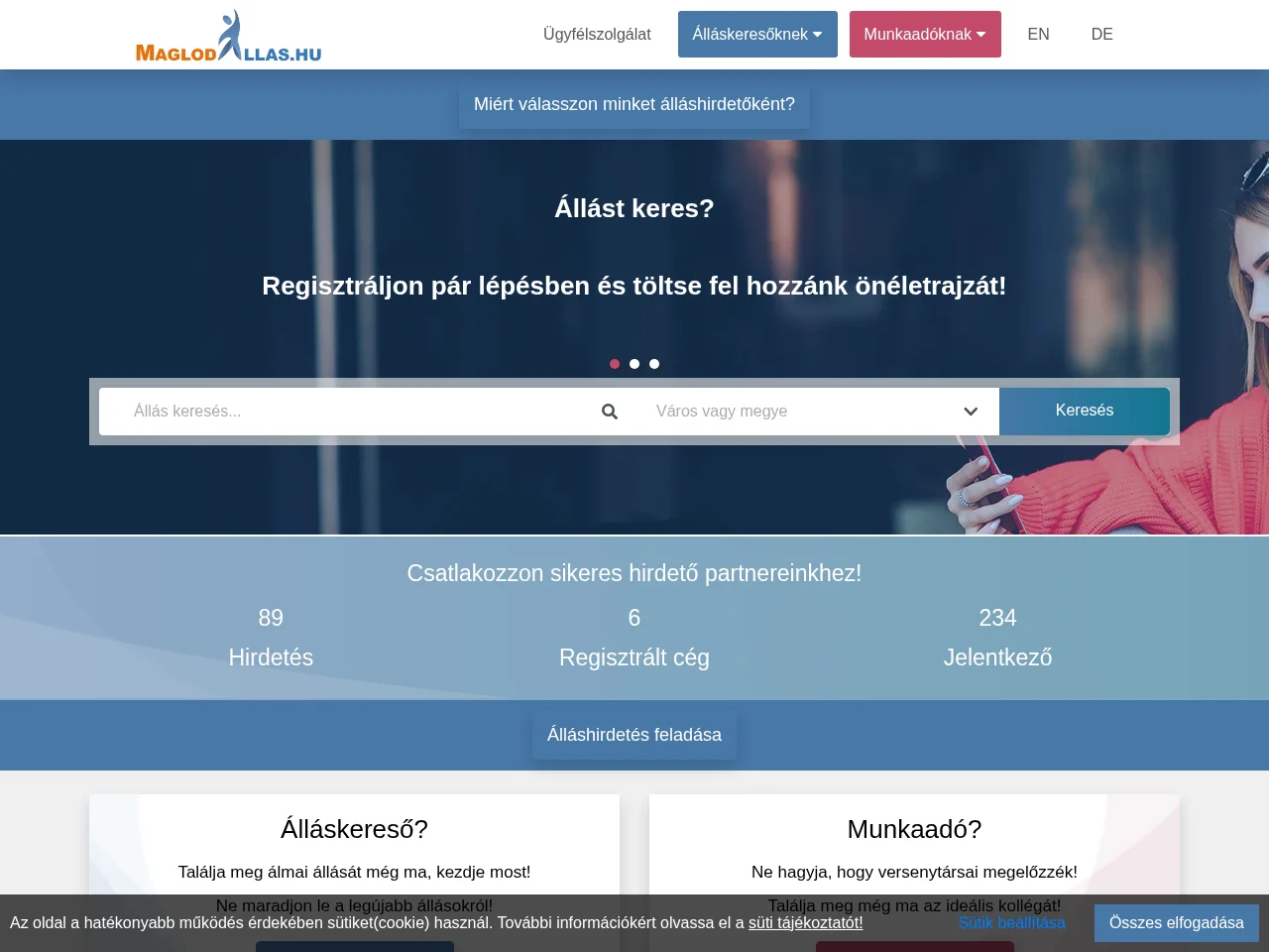 MaglodAllas.hu job board platform screenshot showing job search interface