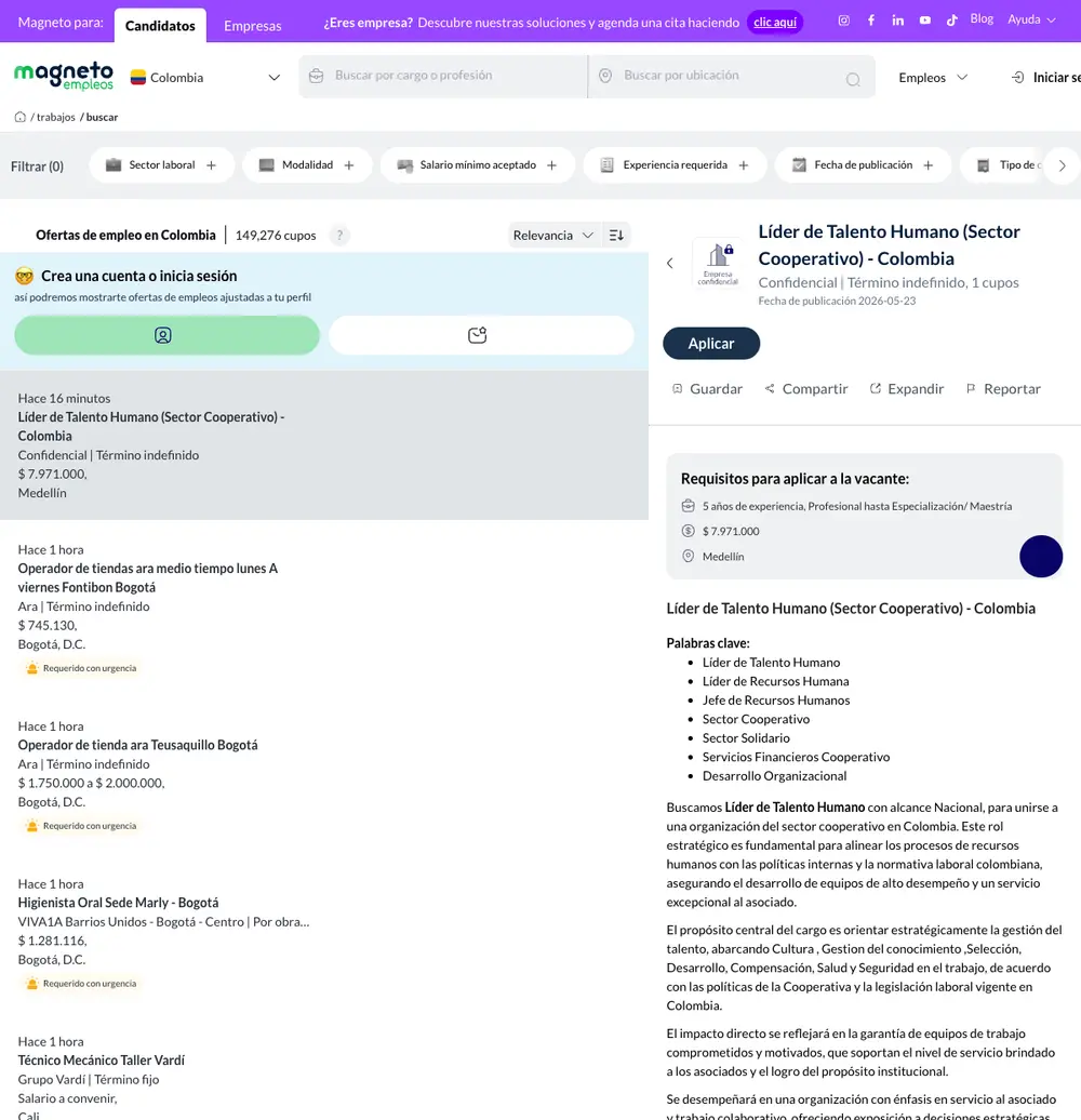 Magneto job board platform screenshot showing job search interface