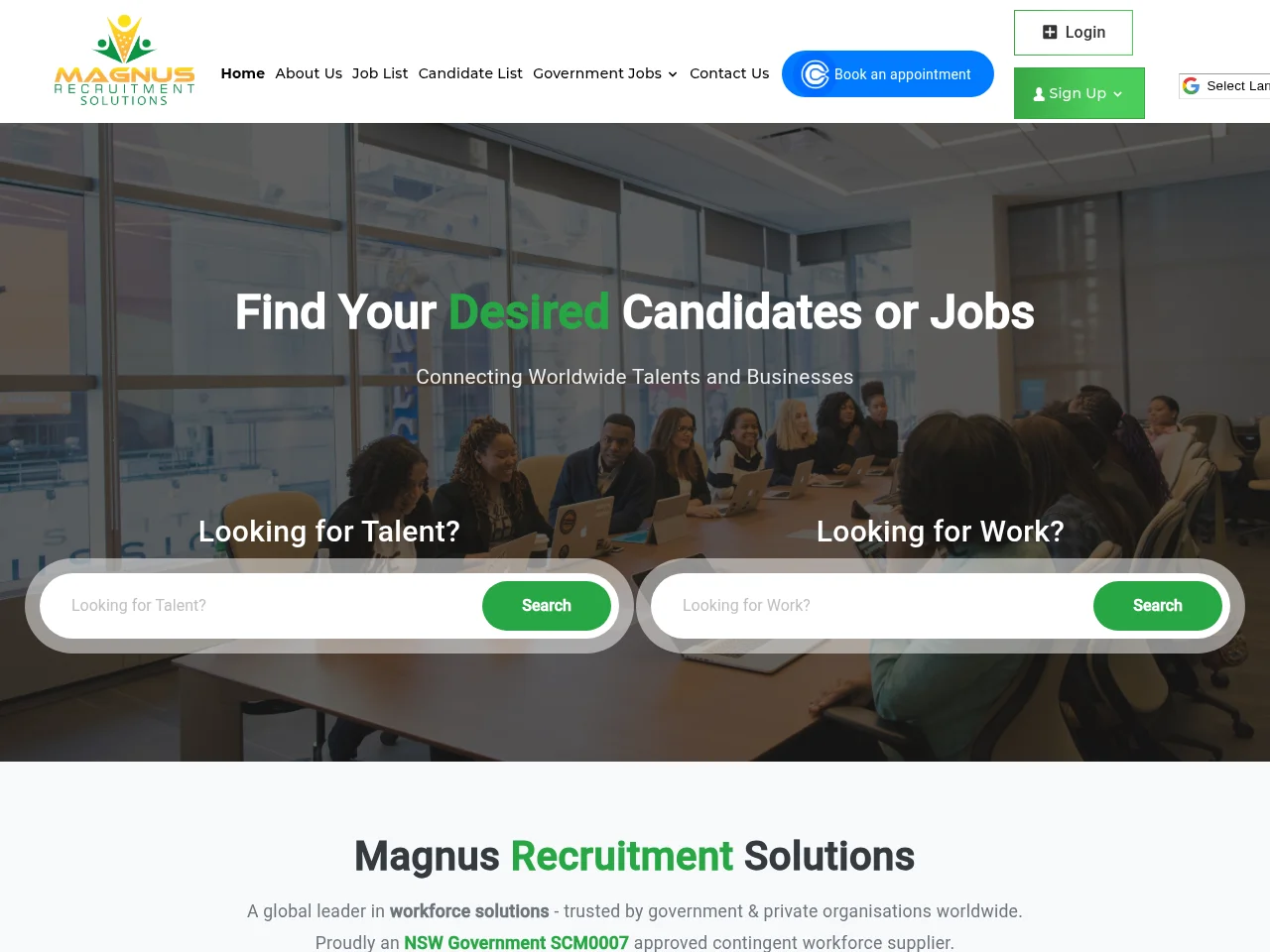 Magnus Recruitment Solutions job board platform screenshot showing job search interface