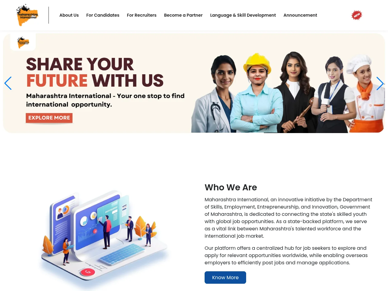 Maharashtra International job board platform screenshot showing job search interface