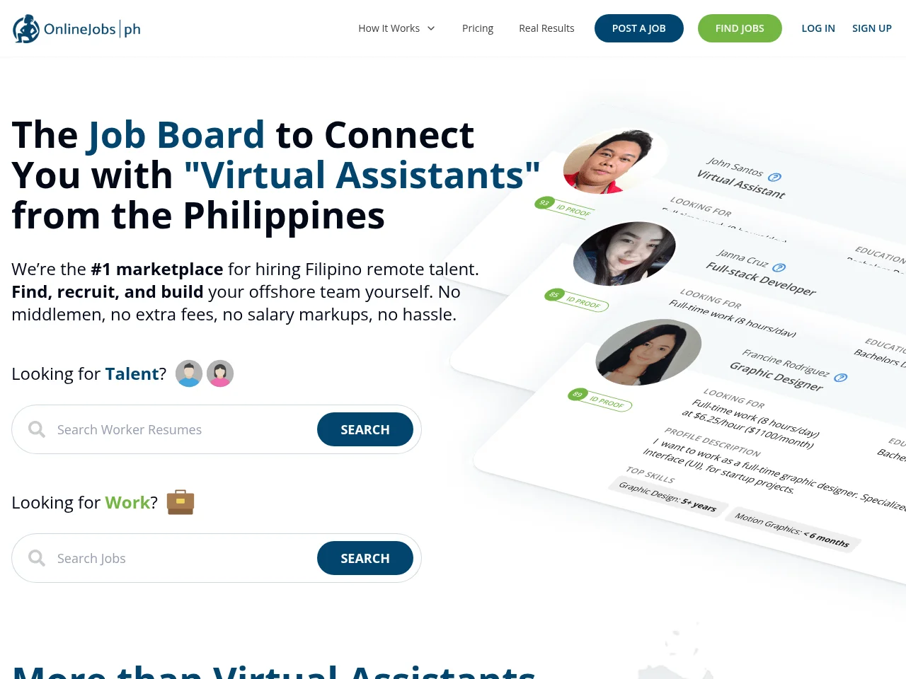 OnlineJobs.ph job board platform screenshot showing job search interface