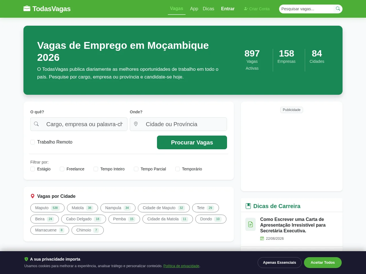 TodasVagas screenshot TodasVagas job board platform screenshot showing job search interface