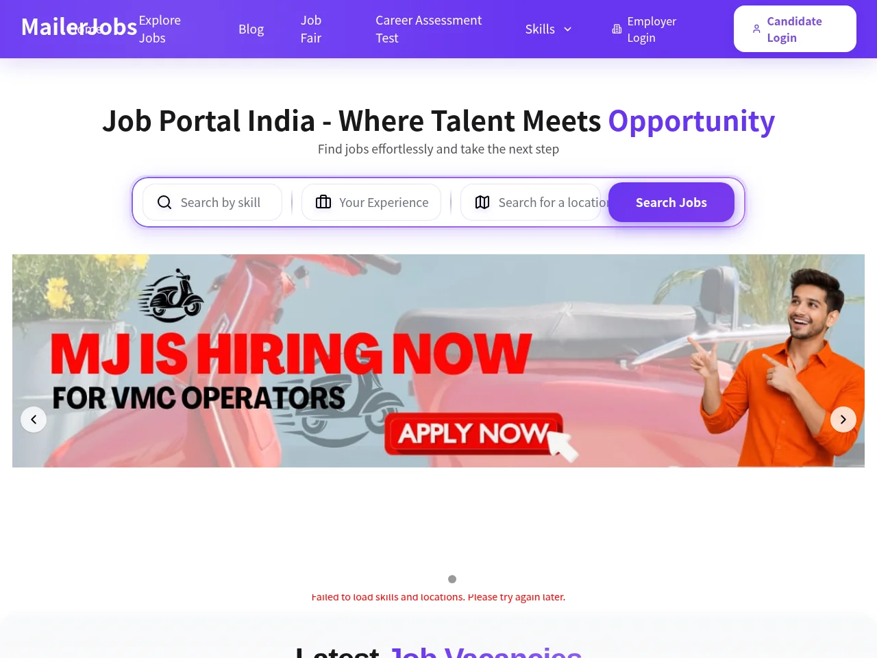 MailerJobs job board platform screenshot showing job search interface