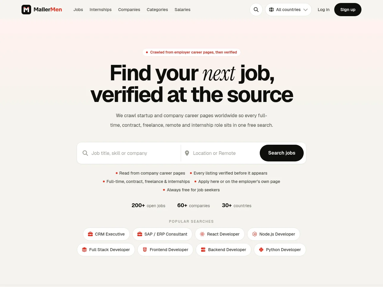MailerMen job board platform screenshot showing job search interface