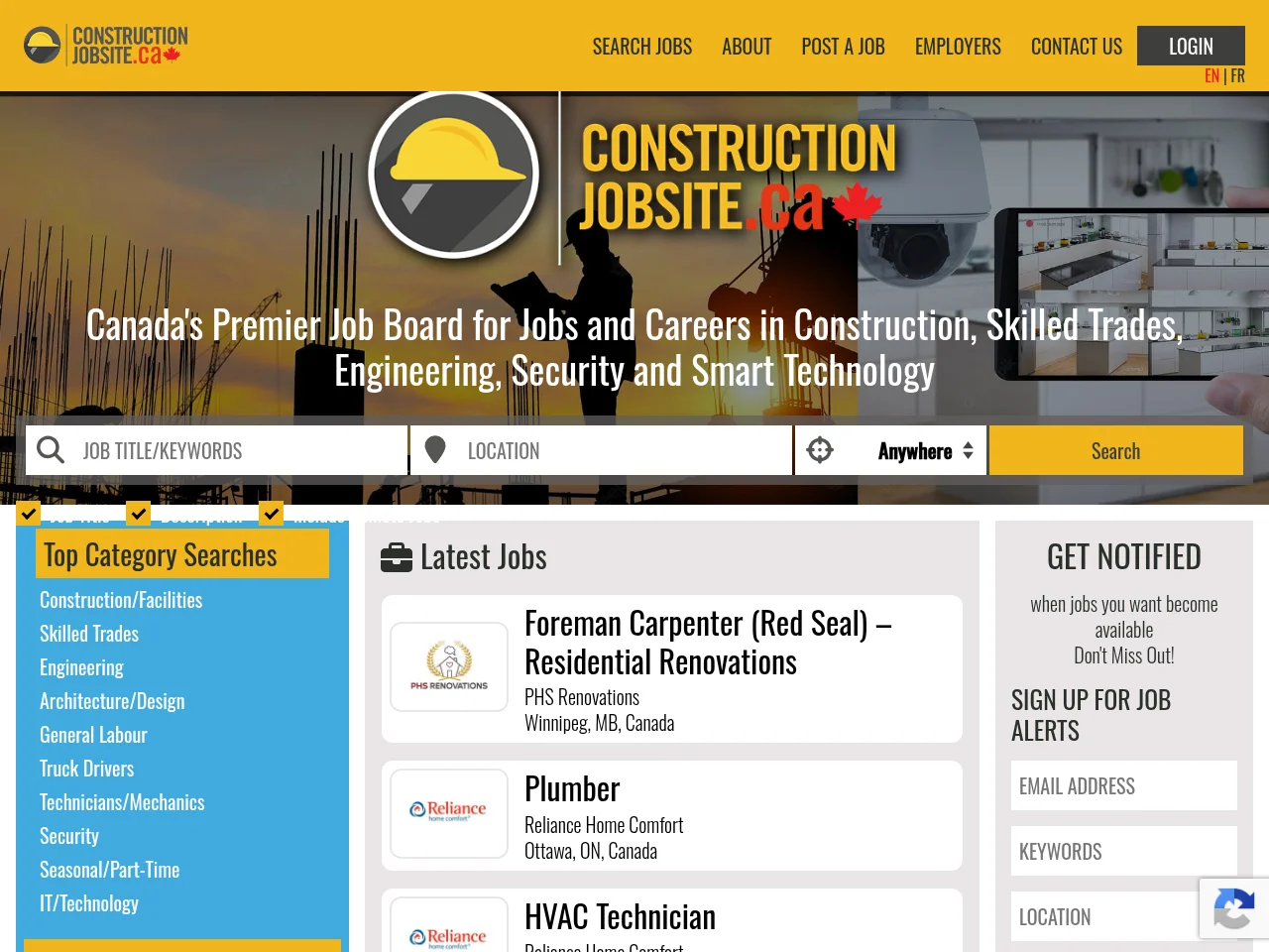 Construction Jobs Canada job board platform screenshot showing job search interface