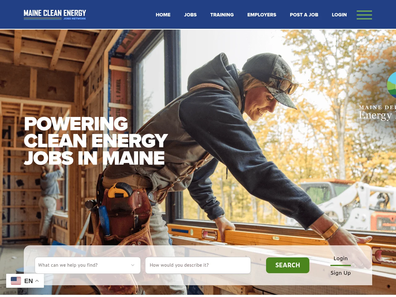 Maine Clean Energy Jobs Network job board platform screenshot showing job search interface