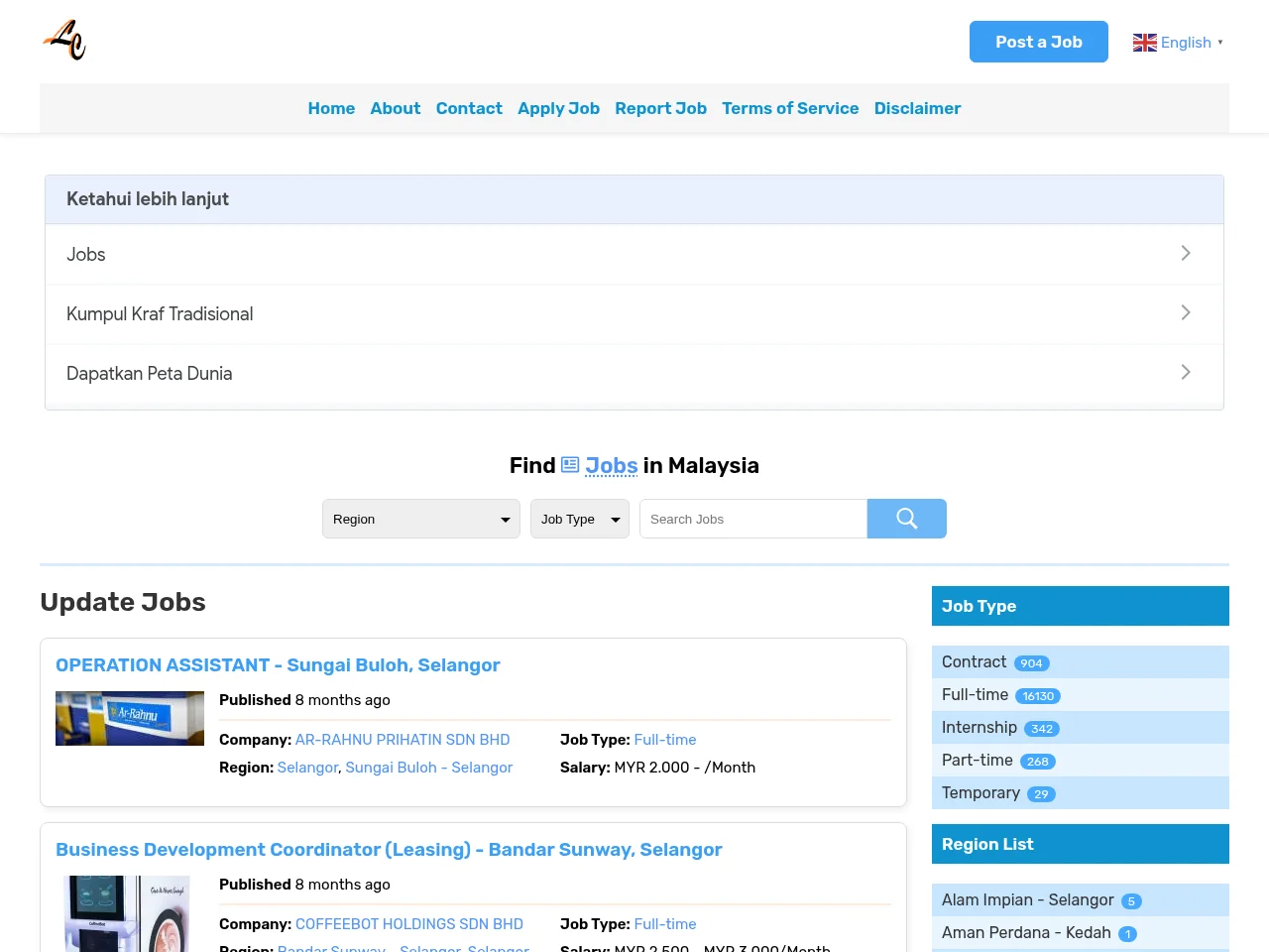 Loker Cepat Malaysia job board platform screenshot showing job search interface
