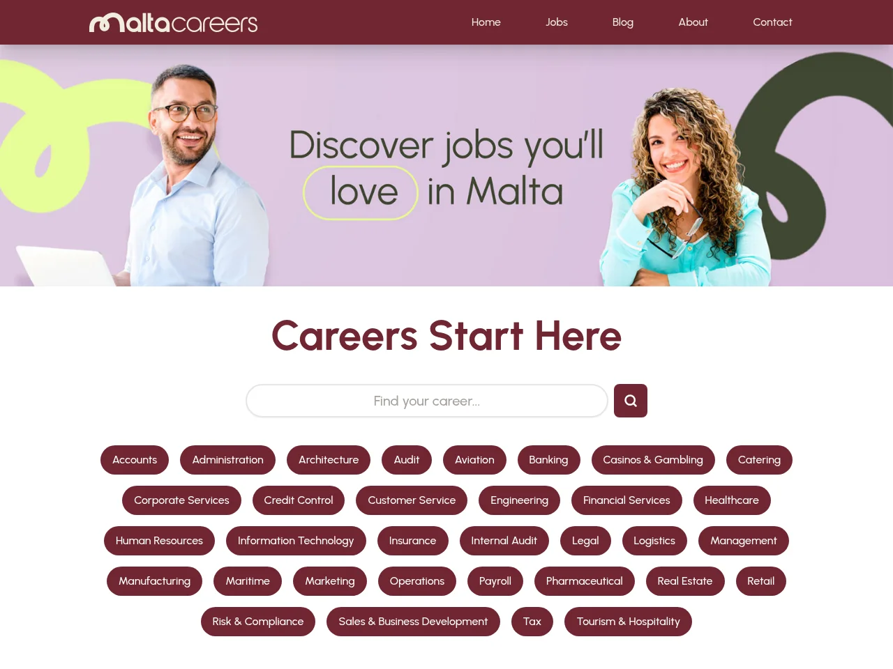 Malta Careers job board platform screenshot showing job search interface