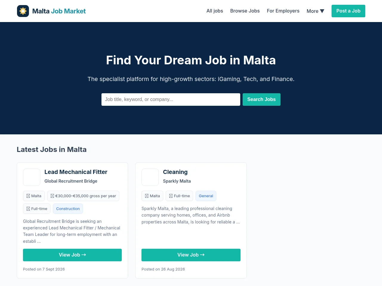 Malta Job Market job board platform screenshot showing job search interface