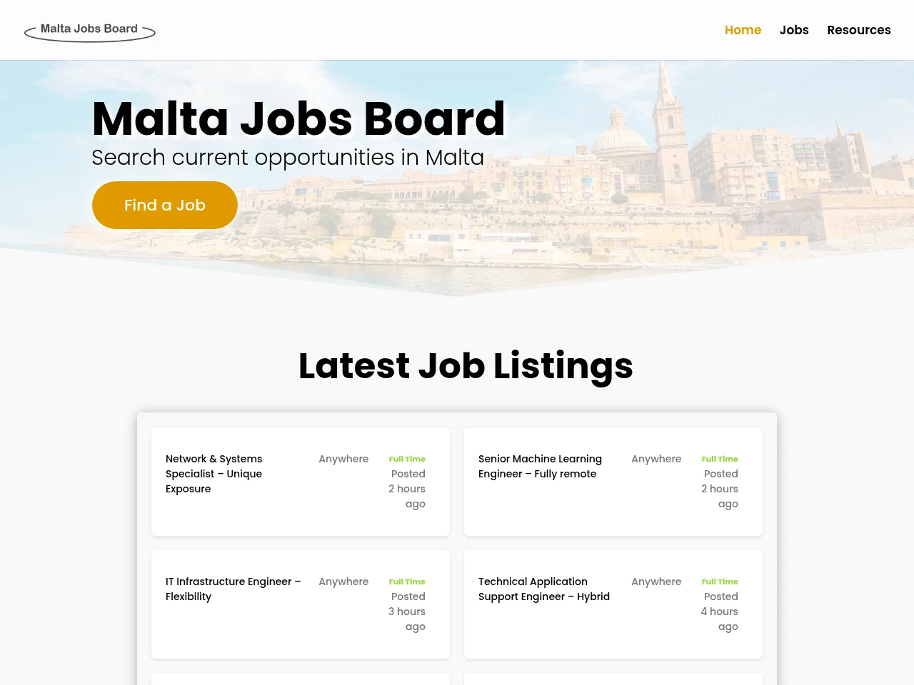 Malta Jobs Board job board platform screenshot showing job search interface
