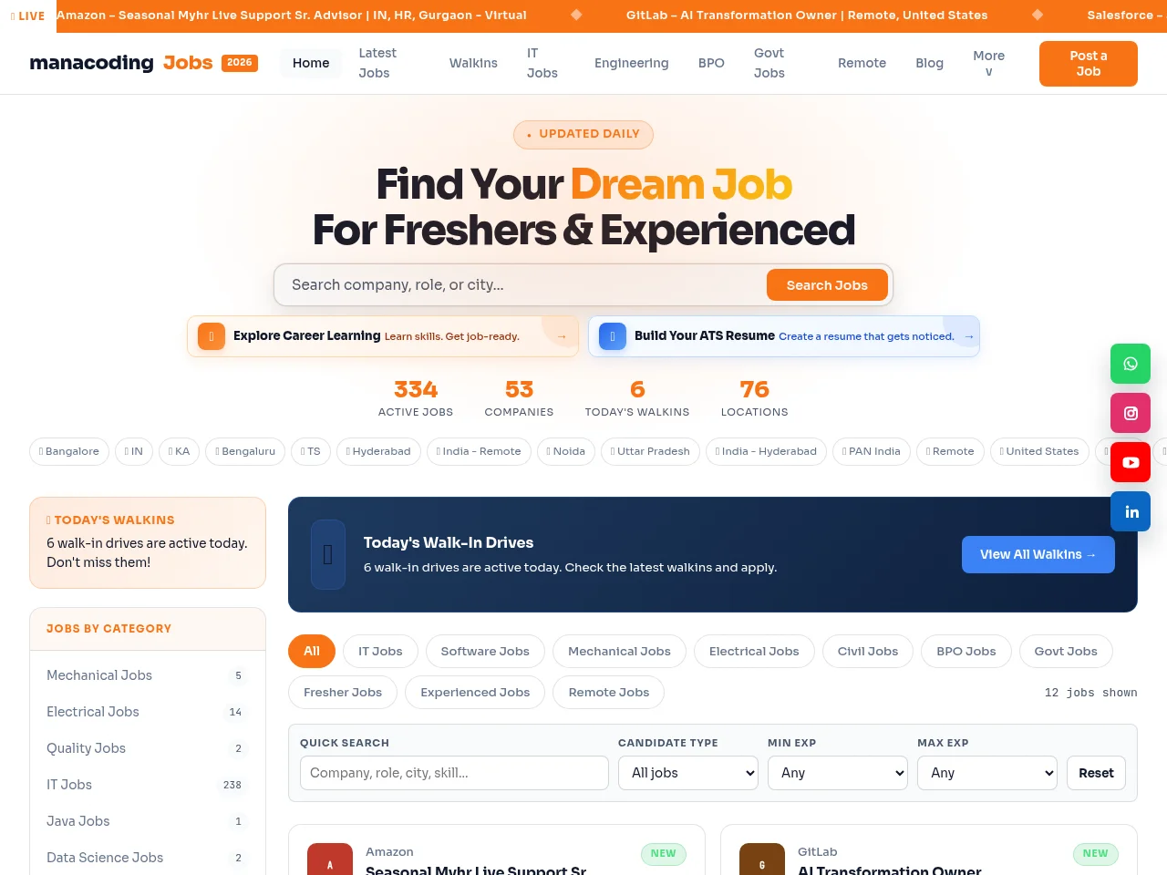 ManaCoding Jobs job board platform screenshot showing job search interface