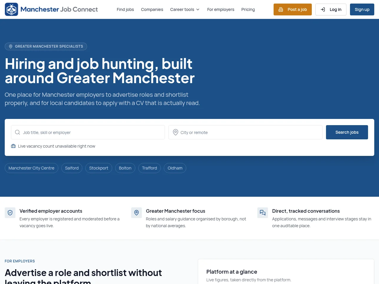 Manchester Job Connect job board platform screenshot showing job search interface