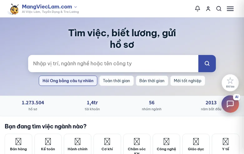 Mạng Việc Làm job board platform screenshot showing job search interface