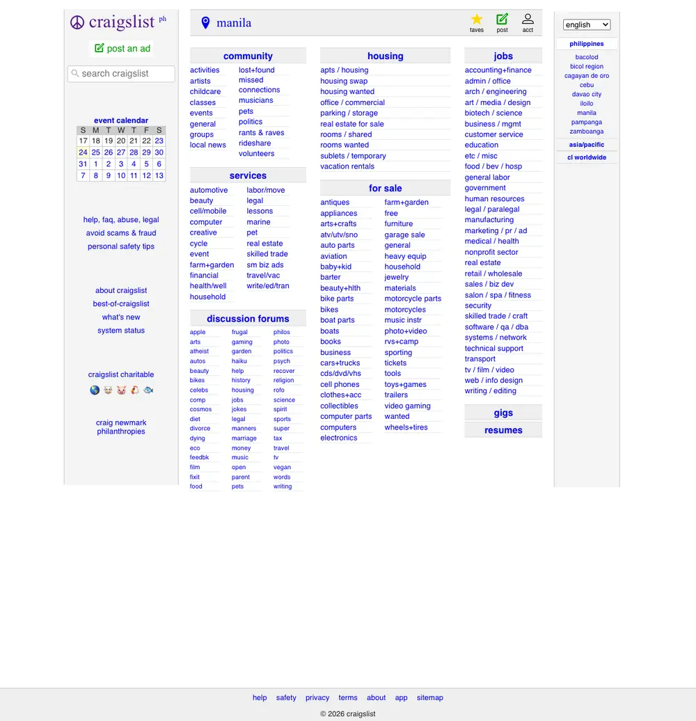 craigslist Manila job board platform screenshot showing job search interface