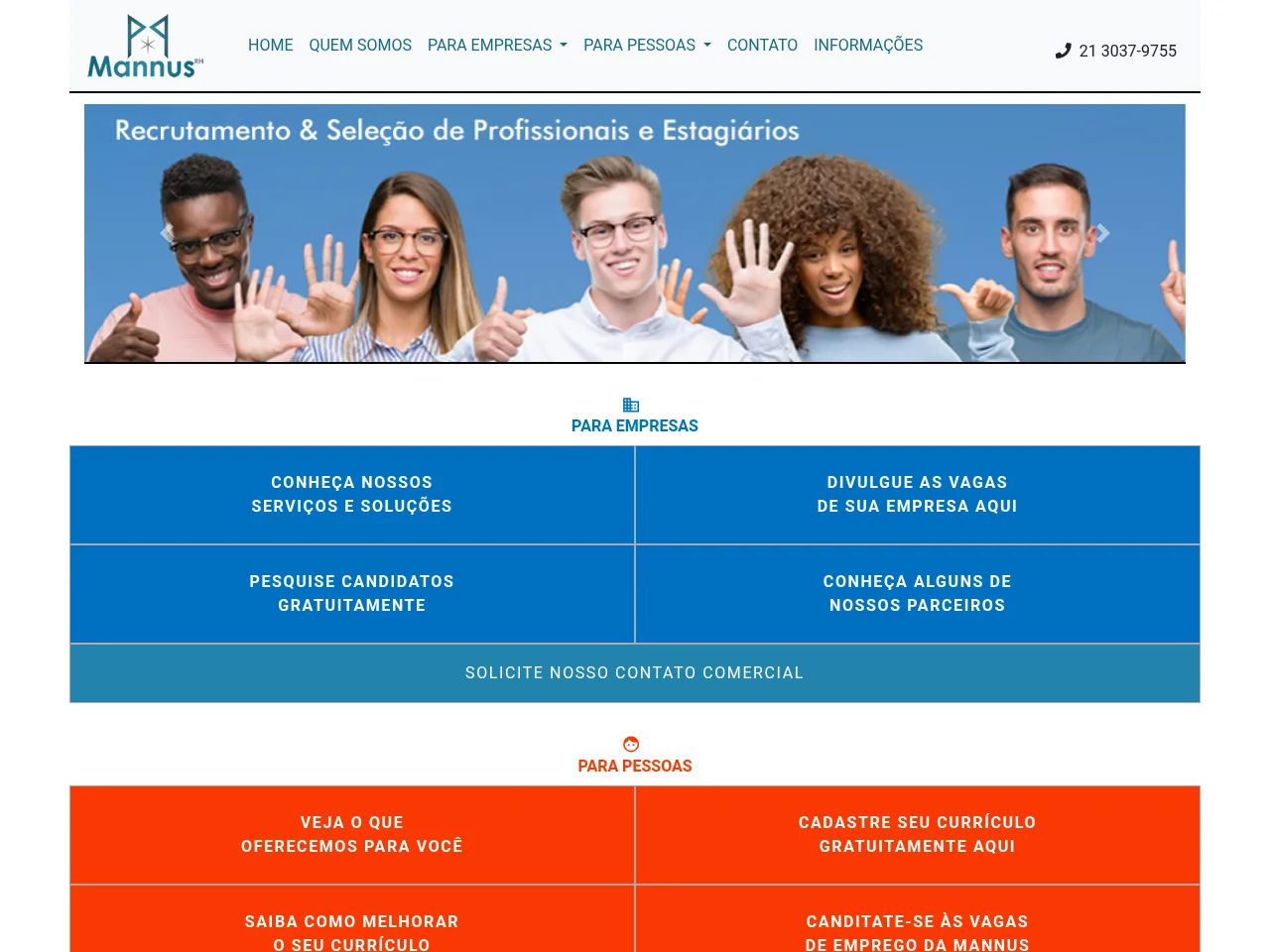 MANNUS Recursos Humanos job board platform screenshot showing job search interface