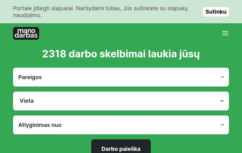 Manodarbas job board platform screenshot showing job search interface