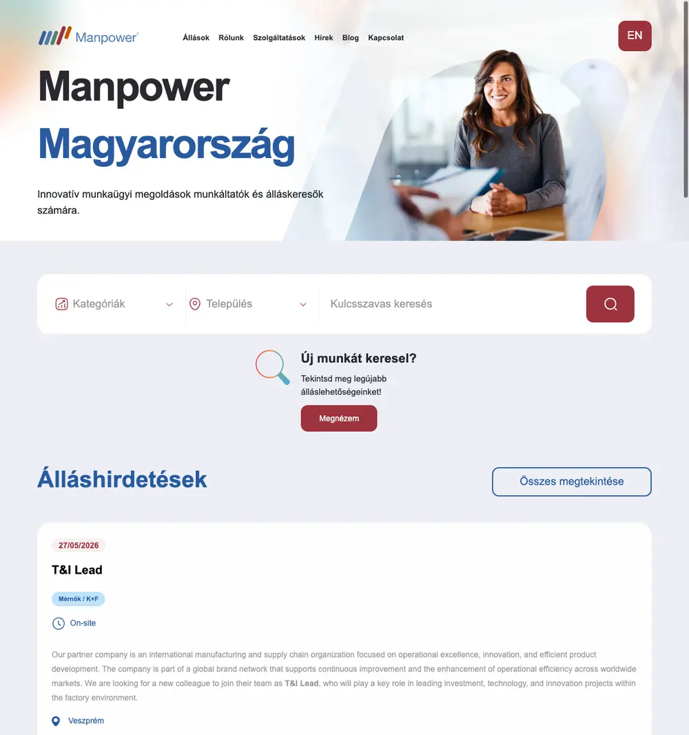 Manpower Magyarország job board platform screenshot showing job search interface
