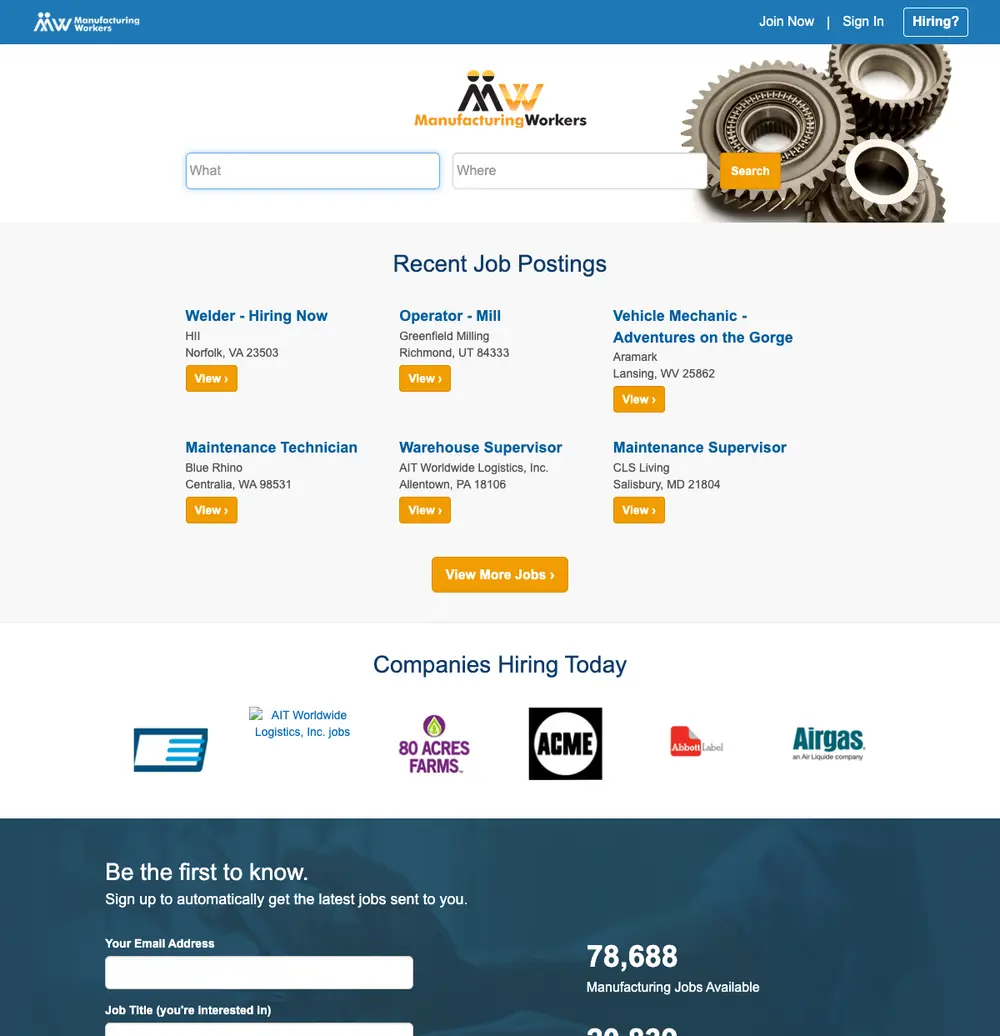 ManufacturingWorkers job board platform screenshot showing job search interface