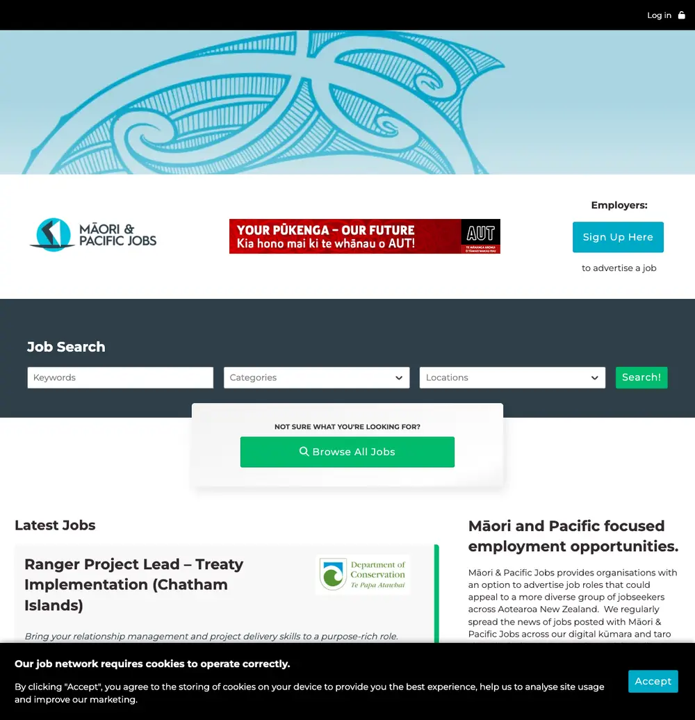 Māori & Pacific Jobs job board platform screenshot showing job search interface