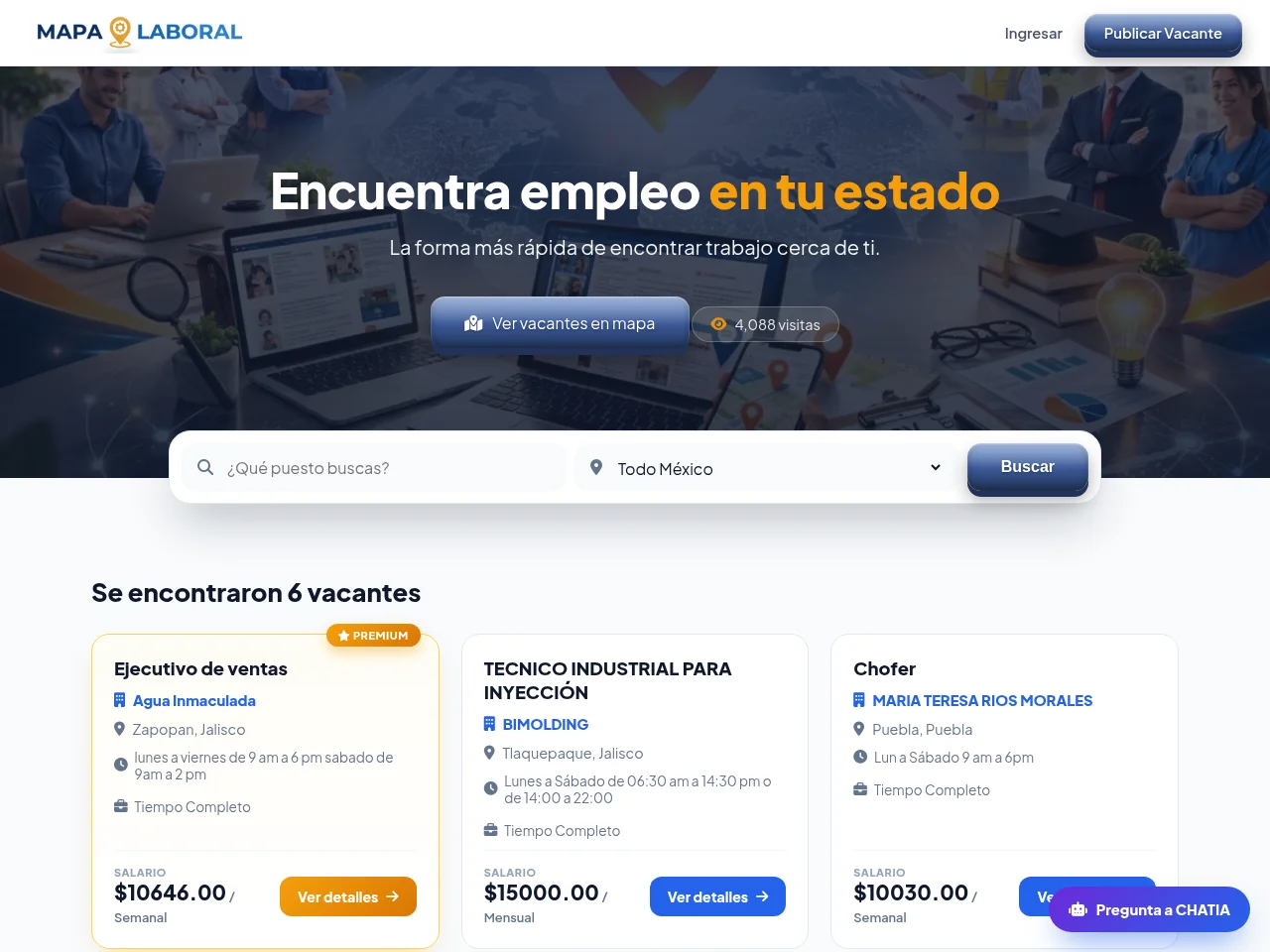 Mapa Laboral México job board platform screenshot showing job search interface