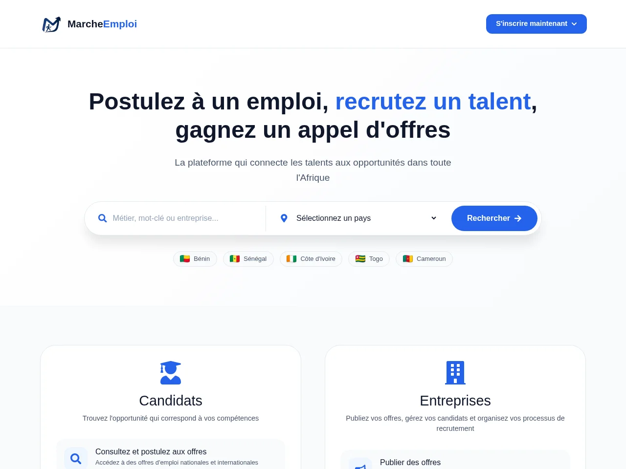 MarcheEmploi job board platform screenshot showing job search interface