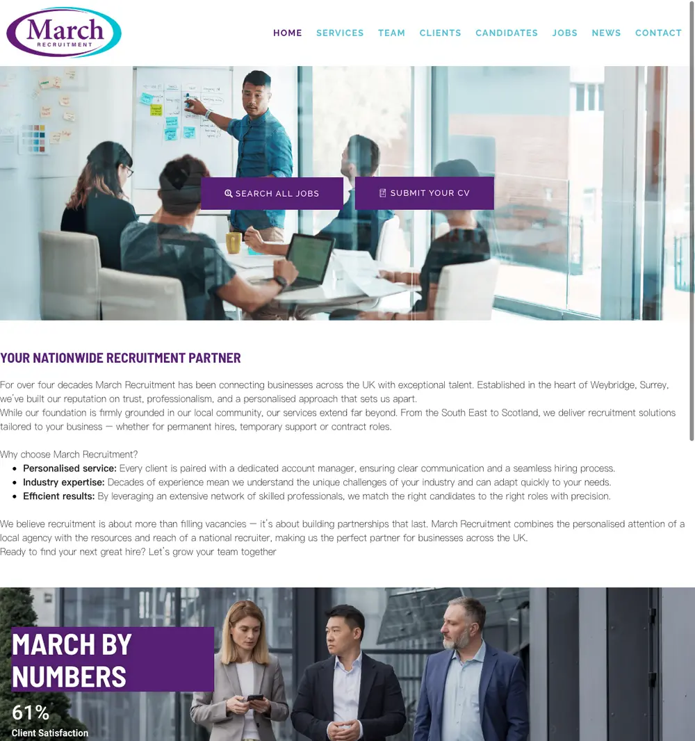 March Recruitment job board platform screenshot showing job search interface
