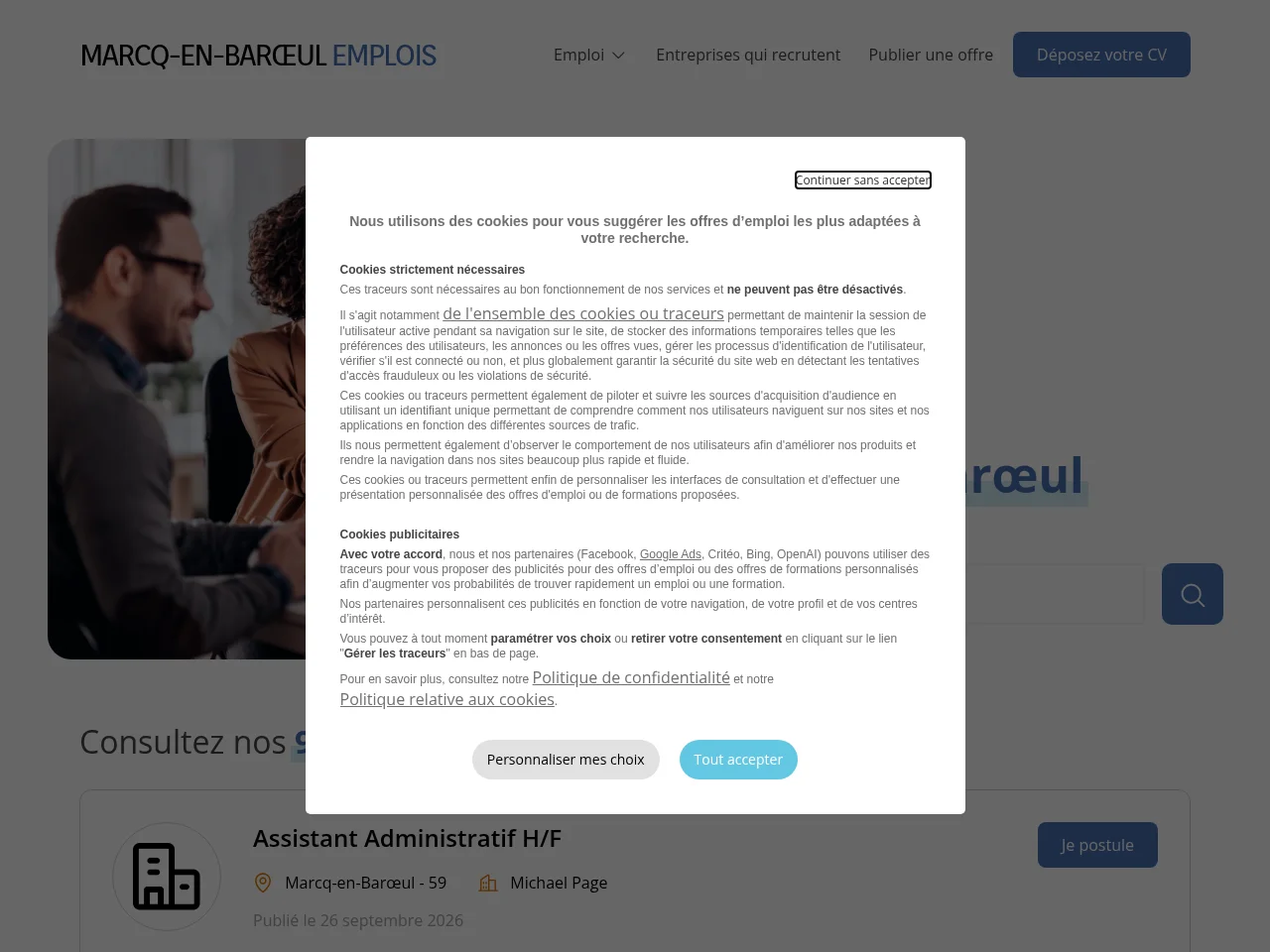 Marcq-en-Barœul Emplois job board platform screenshot showing job search interface