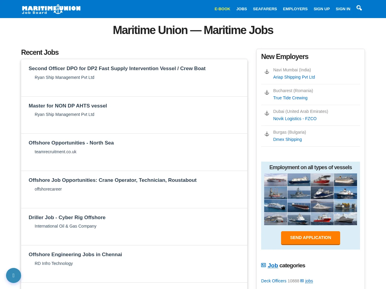 Maritime Union job board platform screenshot showing job search interface