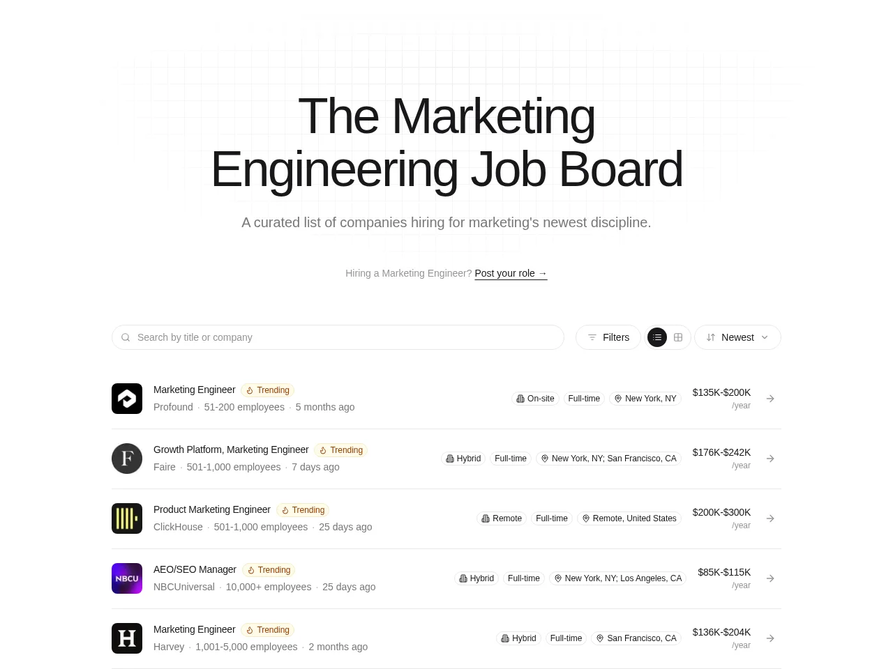 Marketing Engineer Jobs job board platform screenshot showing job search interface