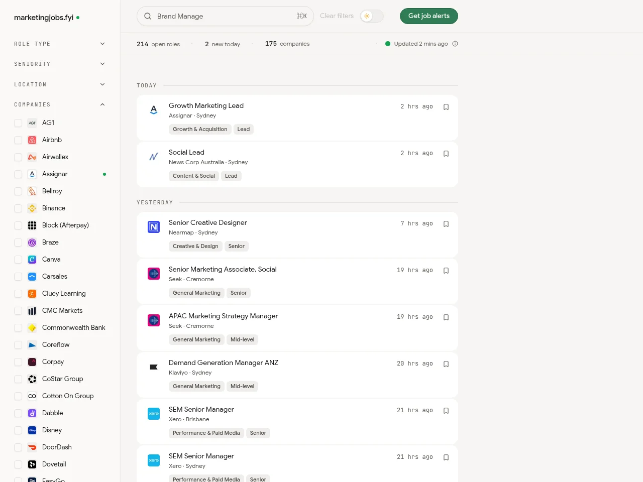marketingjobs.fyi job board platform screenshot showing job search interface