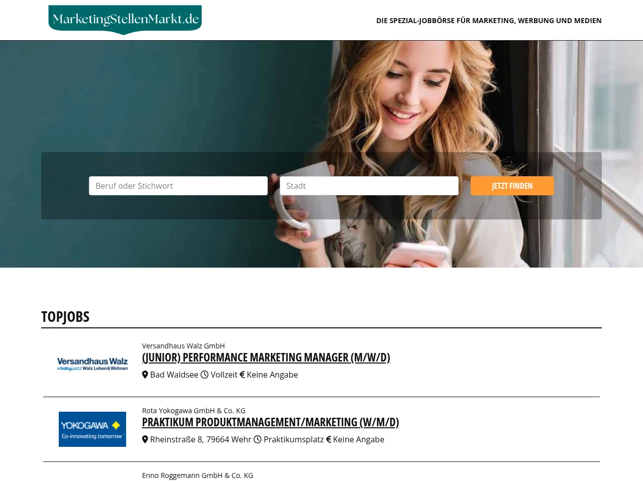 MarketingStellenmarkt.de job board platform screenshot showing job search interface