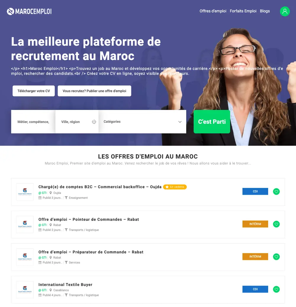 Maroc Emploi job board platform screenshot showing job search interface