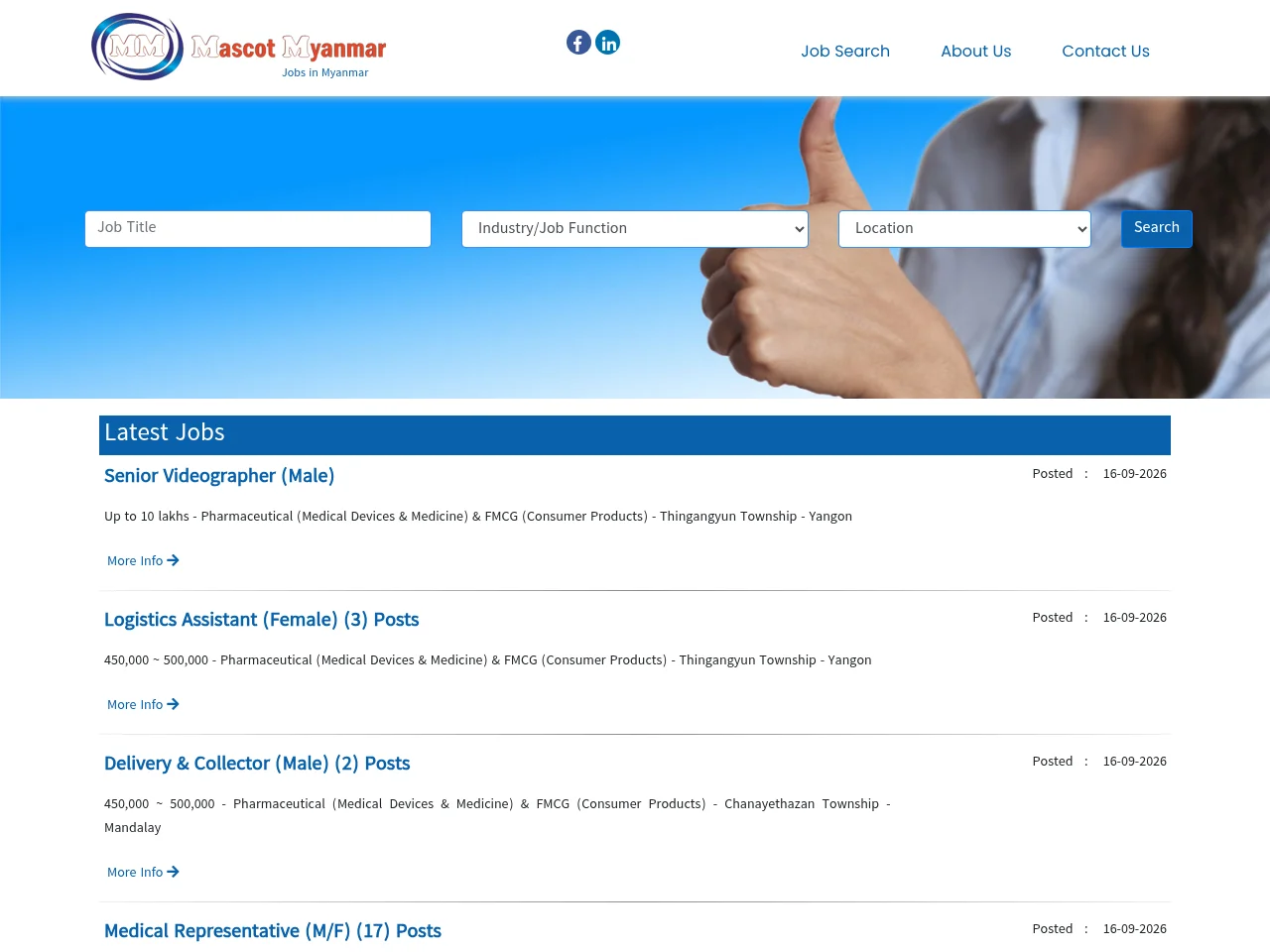 Mascot Myanmar job board platform screenshot showing job search interface
