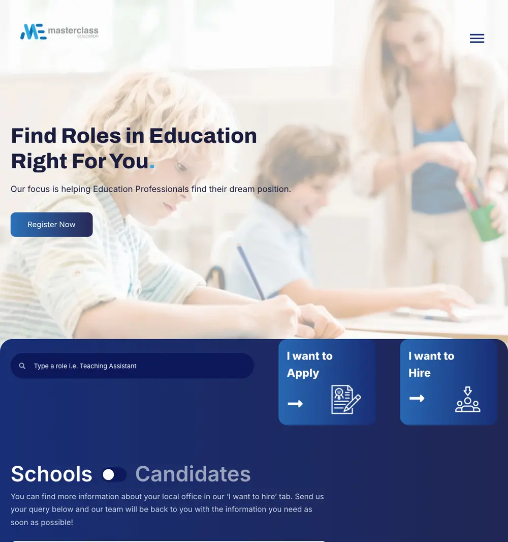 Master Class Education job board platform screenshot showing job search interface