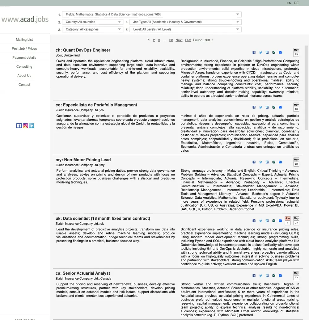 acad.jobs job board platform screenshot showing job search interface