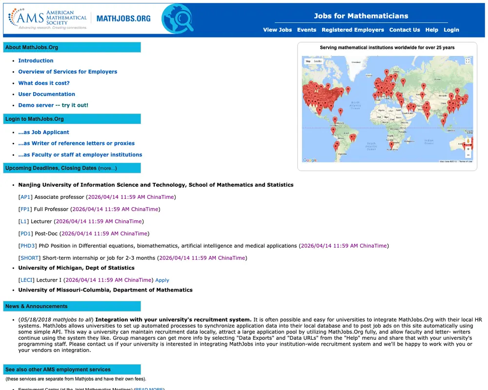 MathJobs job board platform screenshot showing job search interface