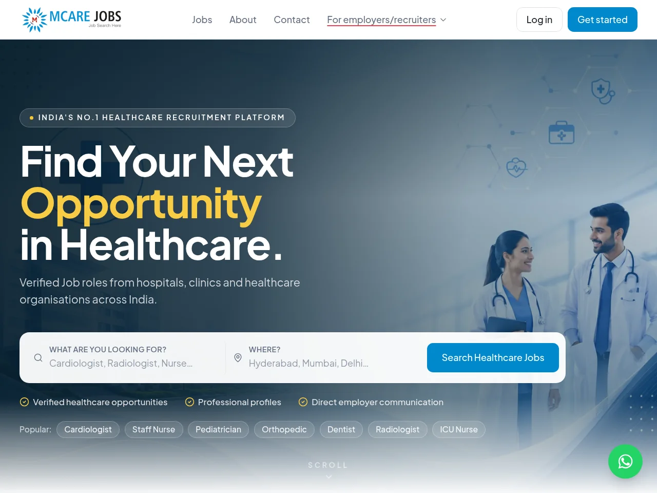 MCARE Jobs job board platform screenshot showing job search interface