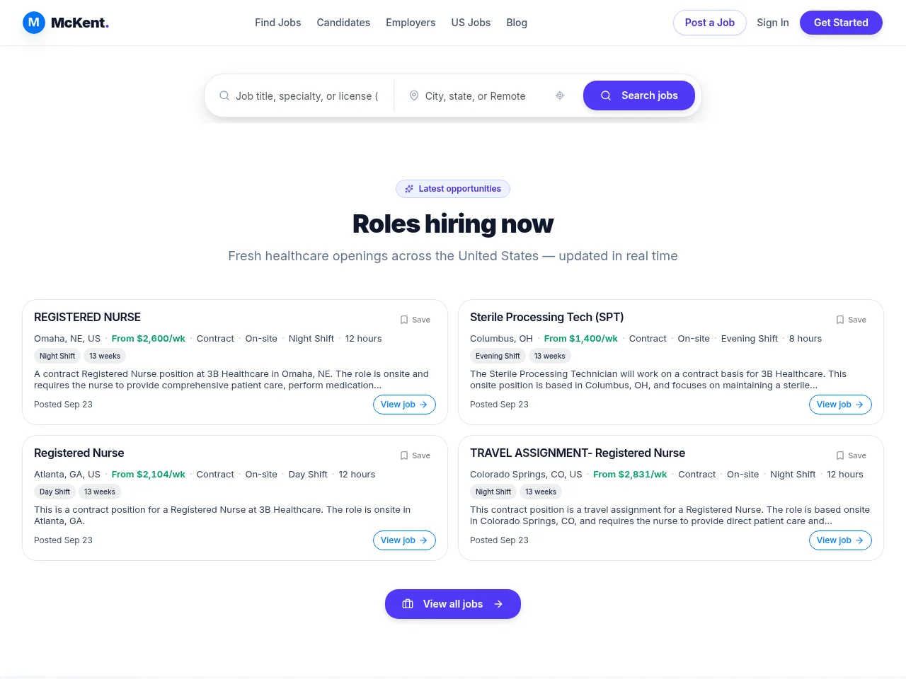McKent job board platform screenshot showing job search interface