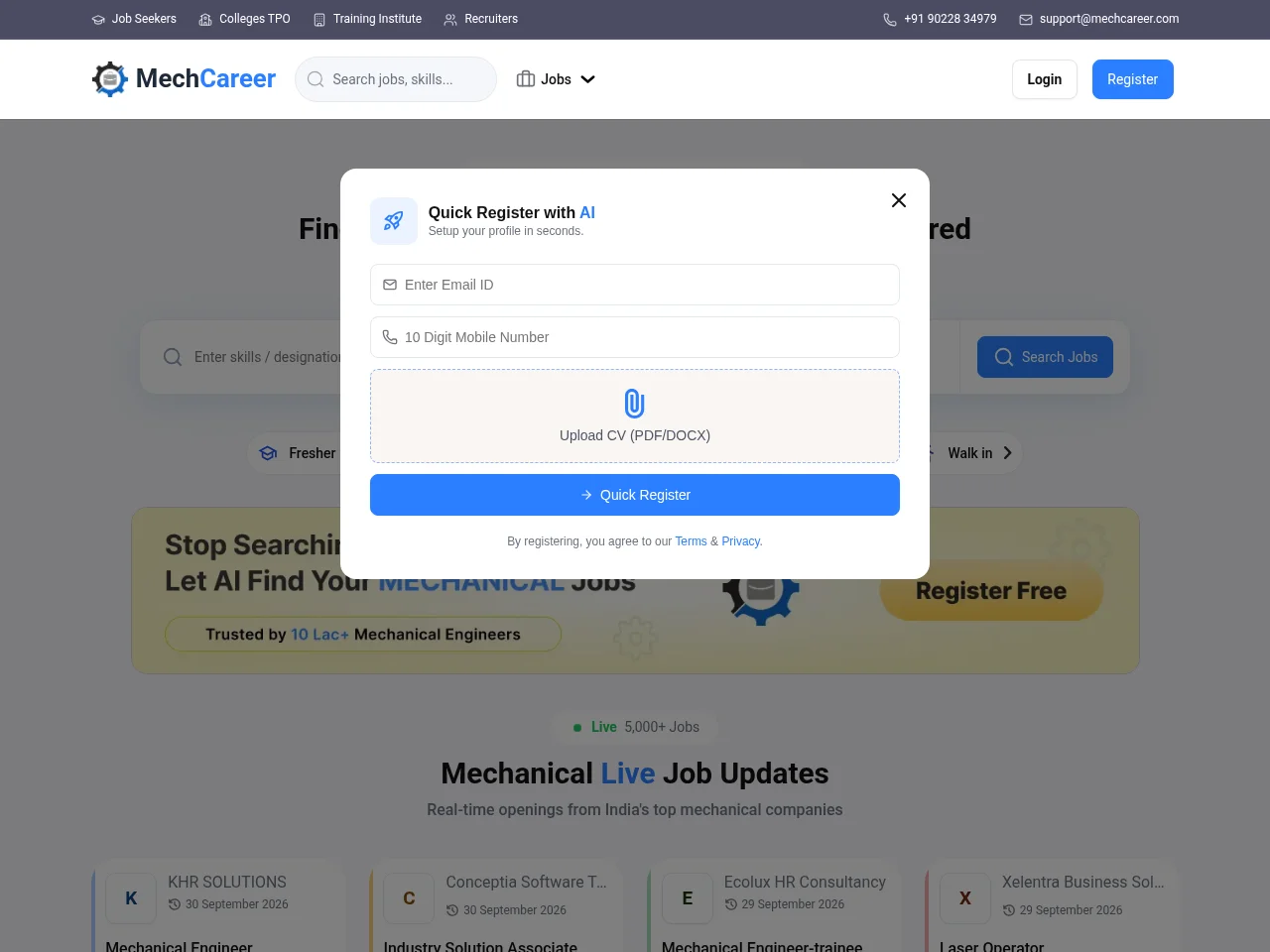 MechCareer job board platform screenshot showing job search interface