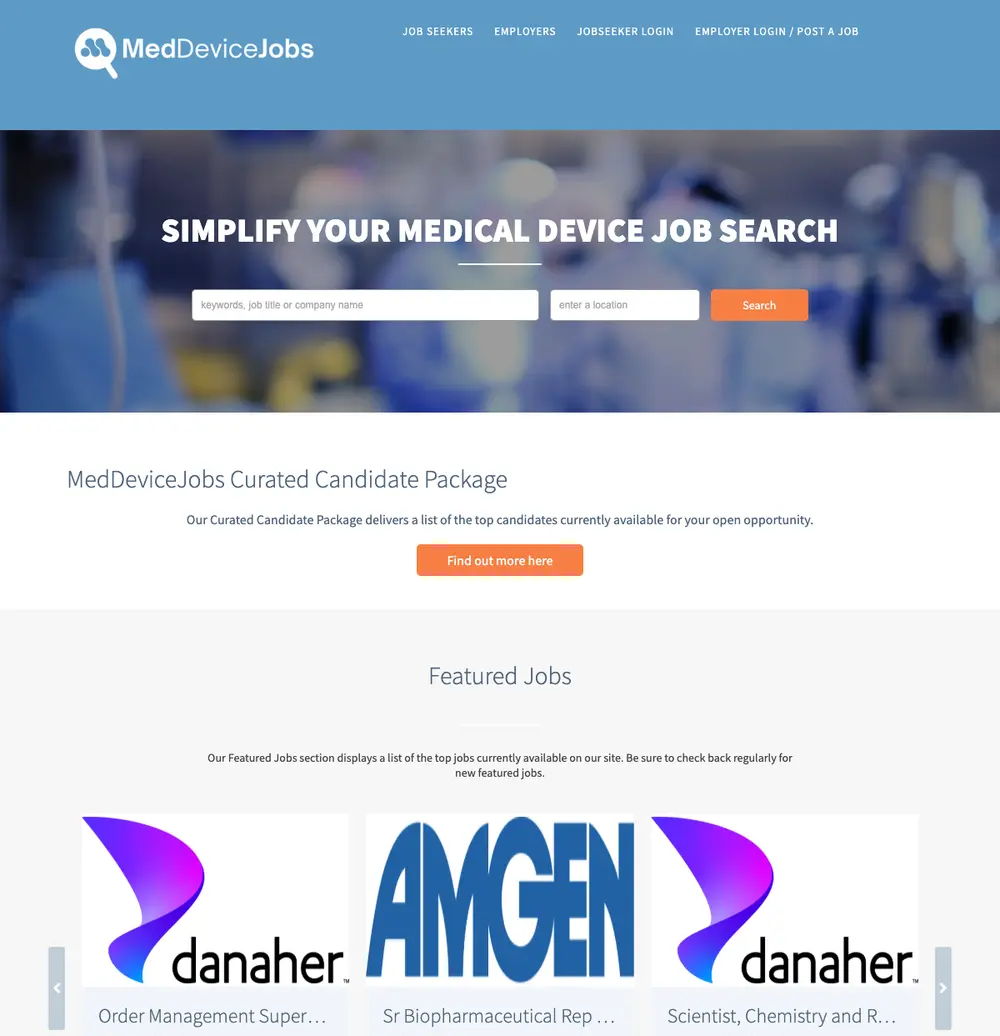 MedDeviceJobs job board platform screenshot showing job search interface