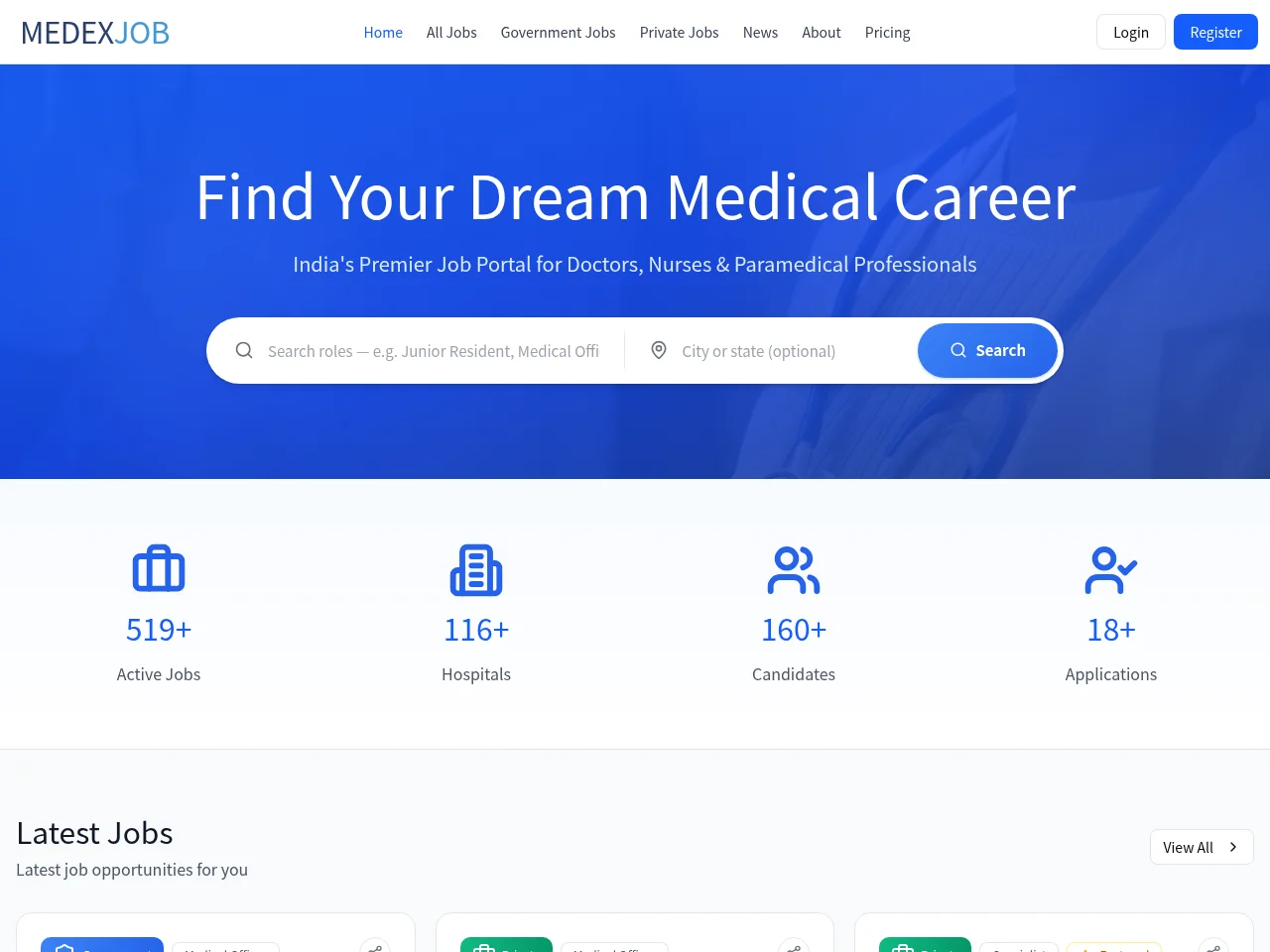 MedExJob screenshot MedExJob job board platform screenshot showing job search interface