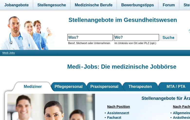 Medi-Jobs job board platform screenshot showing job search interface