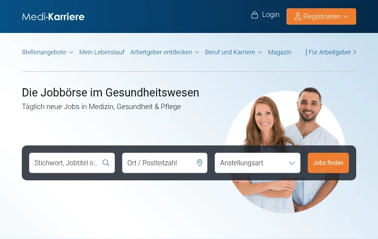Medi-Karriere job board platform screenshot showing job search interface