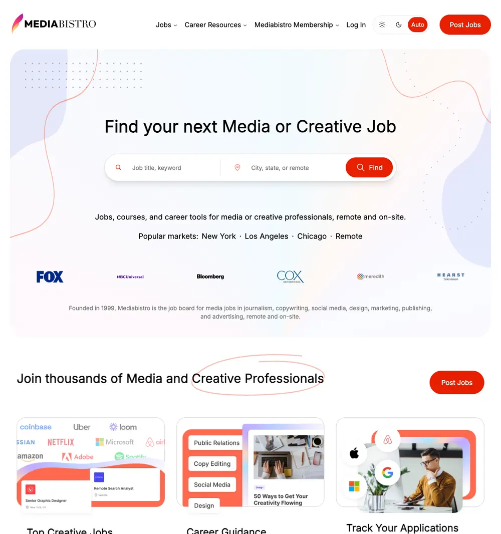 Mediabistro job board platform screenshot showing job search interface