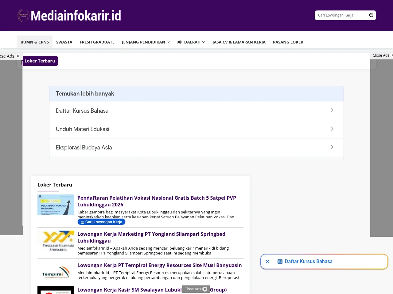 Mediainfokarir.id screenshot Mediainfokarir.id job board platform screenshot showing job search interface