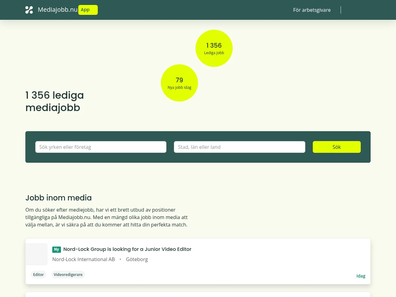 Mediajobb.nu job board platform screenshot showing job search interface